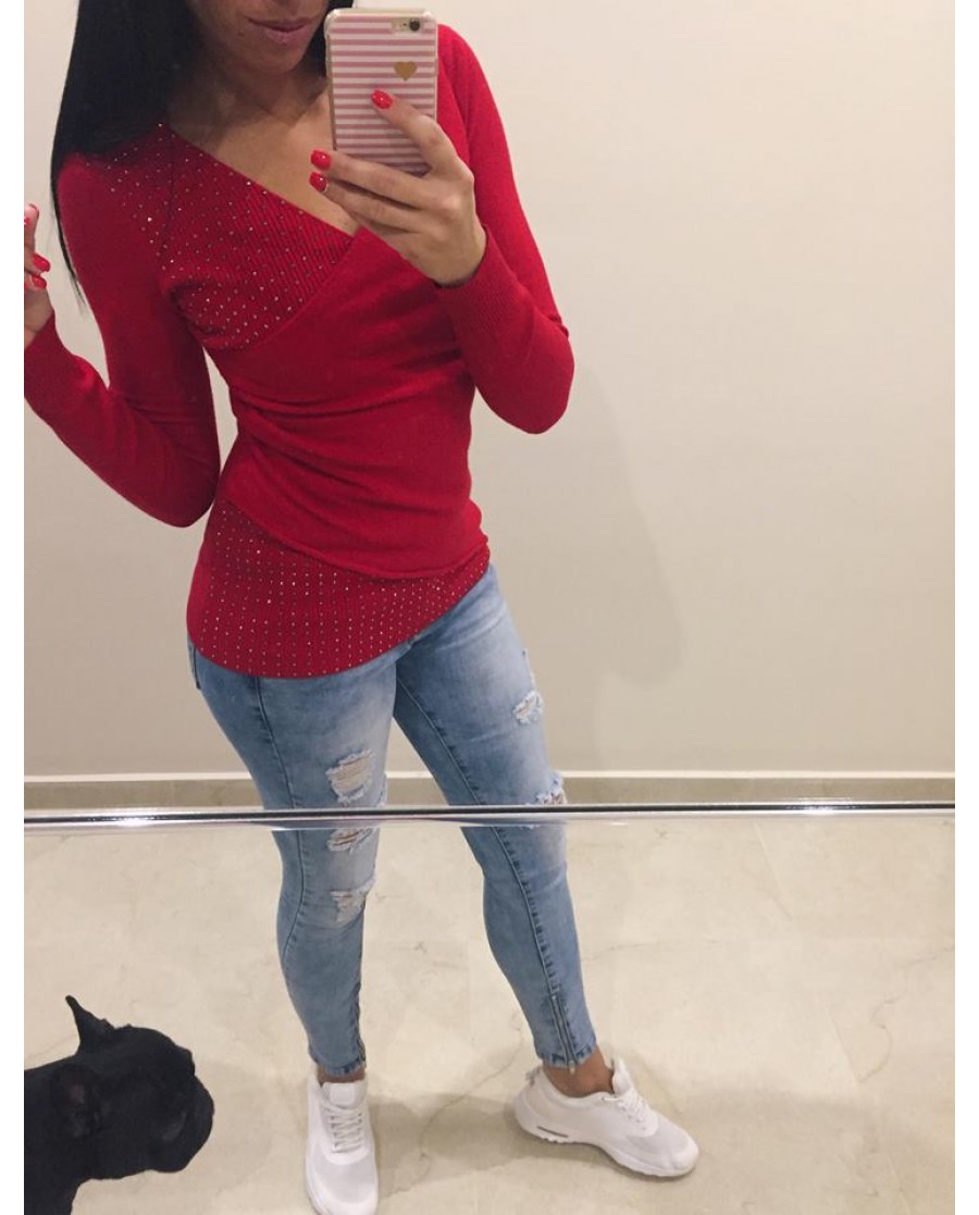 Átlapolt pulóver - piros 